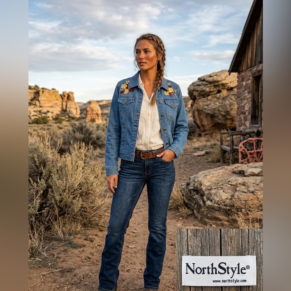 NorthStyle Women's Medium Blue Denim Embroidered Jacket